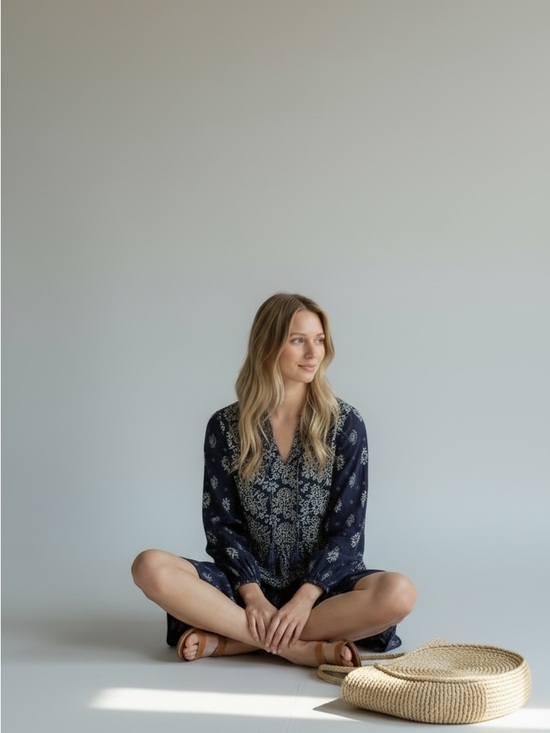 Anthropologie Maeve Carlita Navy Long Full Sleeve Tassel Festival  Dress Medium - Picture 17 of 17